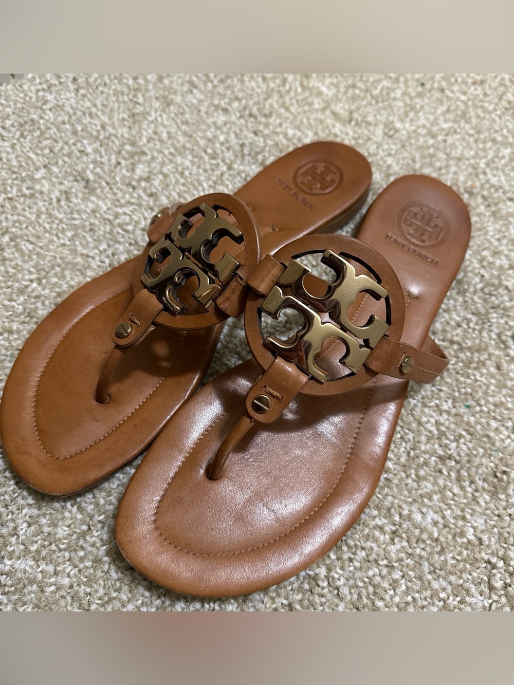 Tory Burch Tan Leather Logo Thong Sandals
